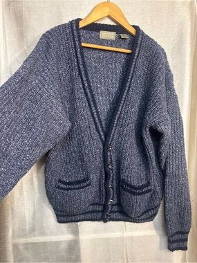 Christopher Hayes Vintage Blue Cardigan M Chunky Knit Grandpa Coastal Wool Blend